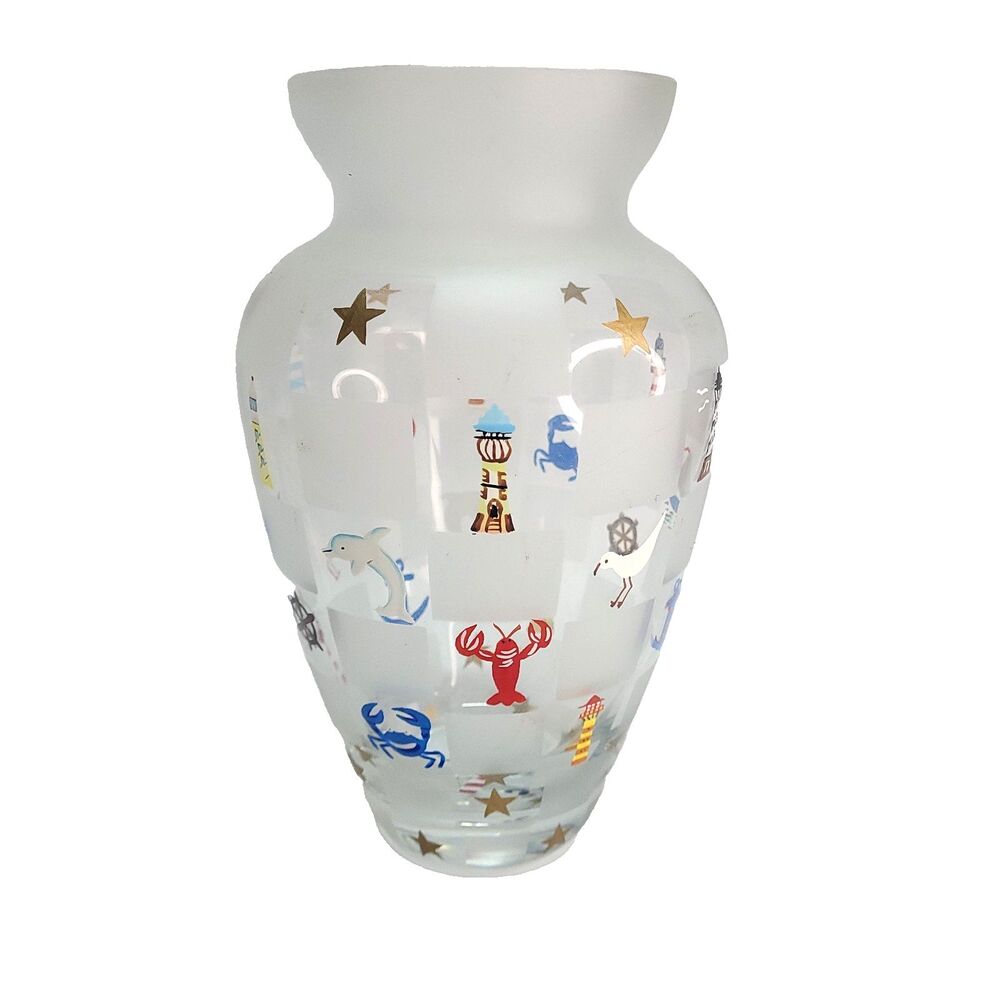 Lenox Lighthouse Splendor Glass Vase 8.5" Hand painted Nautical Beach Frosted - Picture 2 of 11
